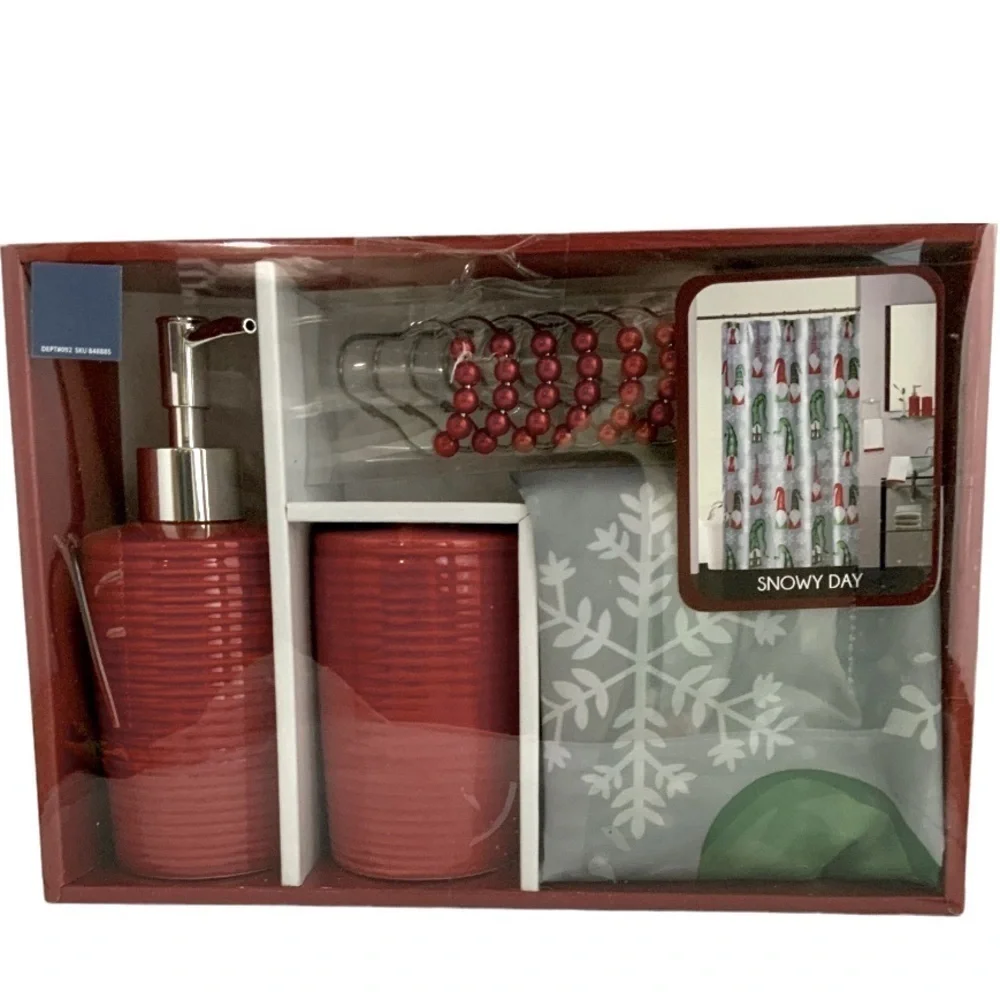 Christmas Bathroom Set Santa Gnomes Curtain Accessories 15 Piece Grey Multicolor